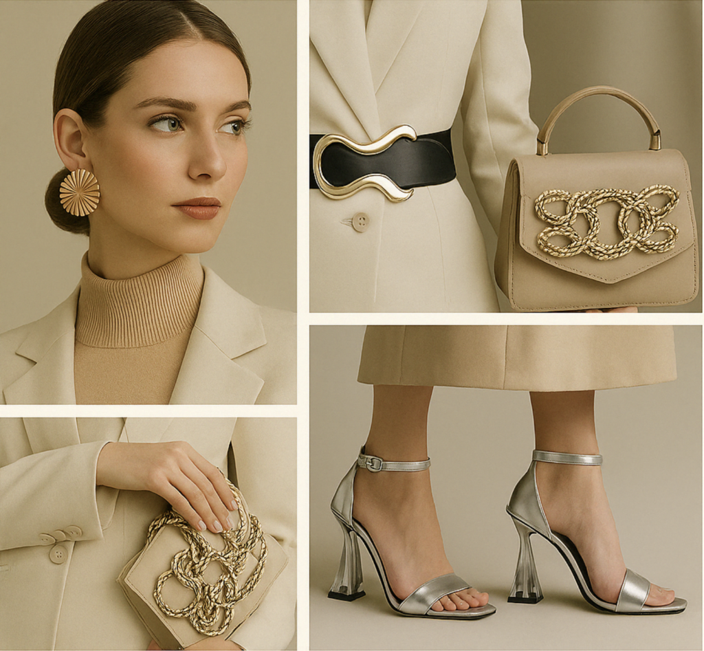HomeImage3 Collage of spring 2025 fashion essentials: beige coat, gold accessories, sculpted heels