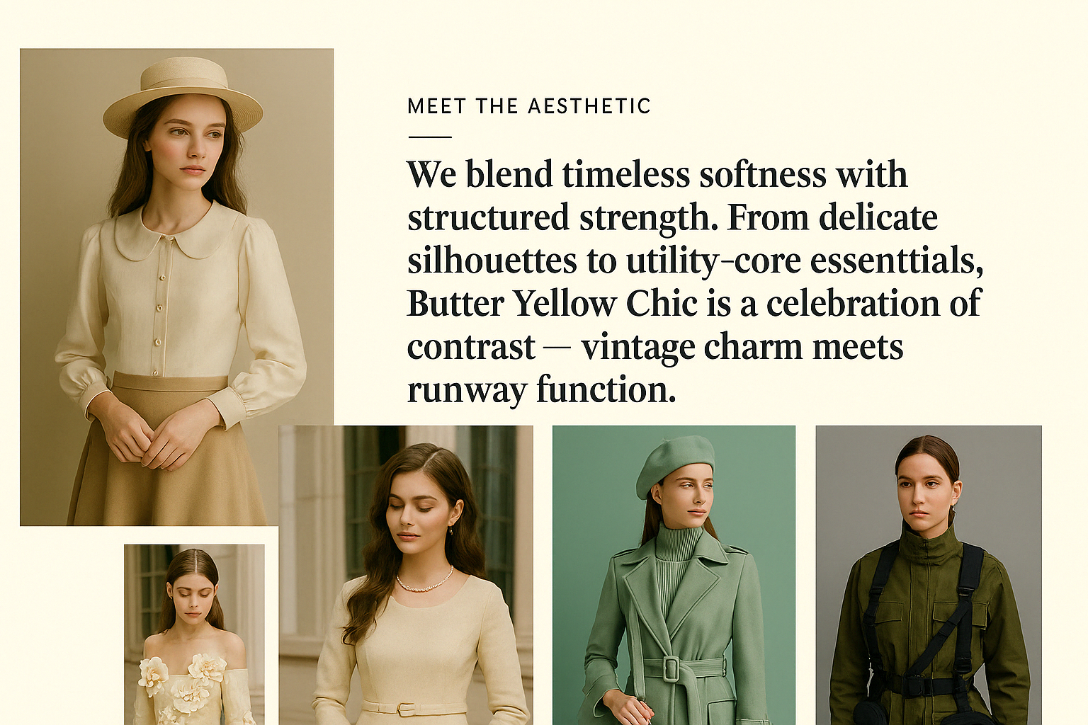 Homeimage A collage of vintage and utility-core fashion models showcasing Spring 2025’s contrast trend — soft silhouettes meet structured streetwear.