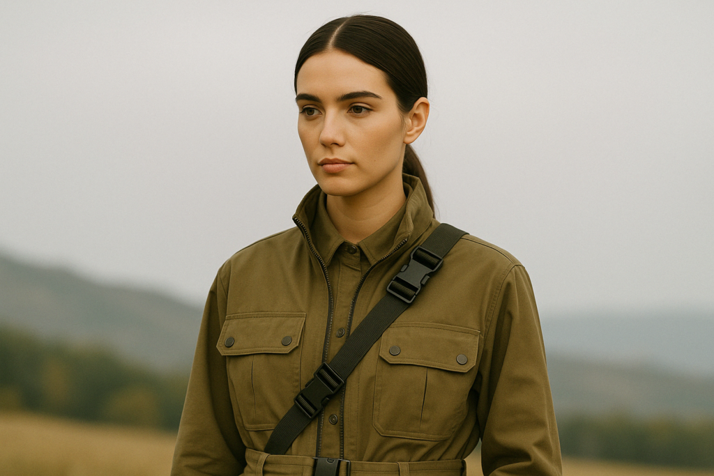 A confident woman in an earth-tone tailored outfit, reflecting a blend of utilitarian design and modern minimalist style