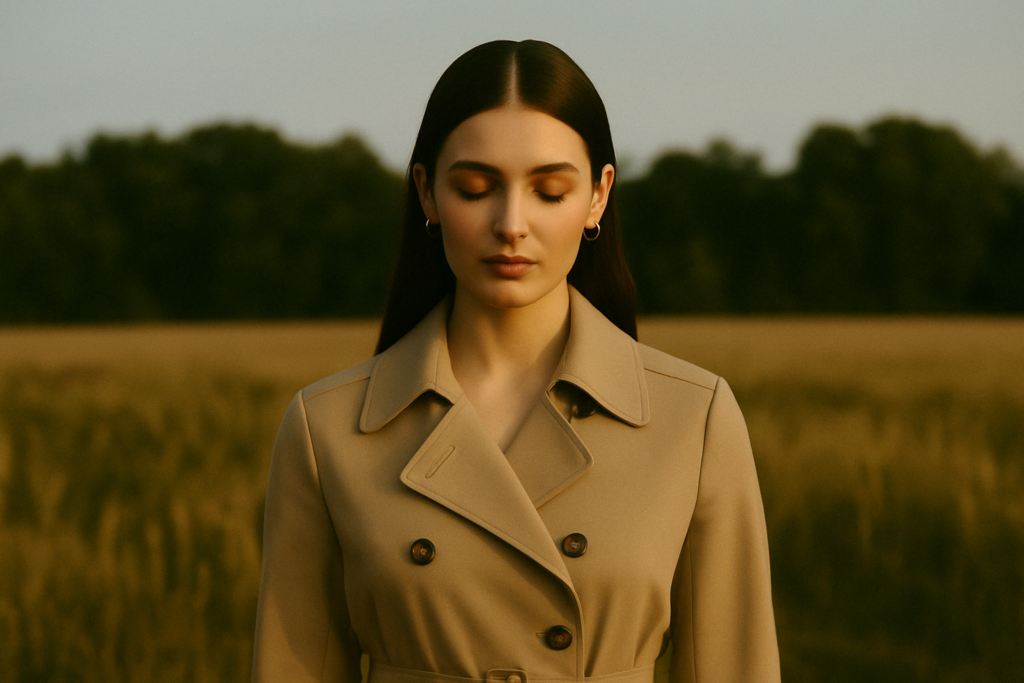 A stylish woman wearing layered neutral-tone clothing with functional utility-style details, standing in a natural outdoor setting